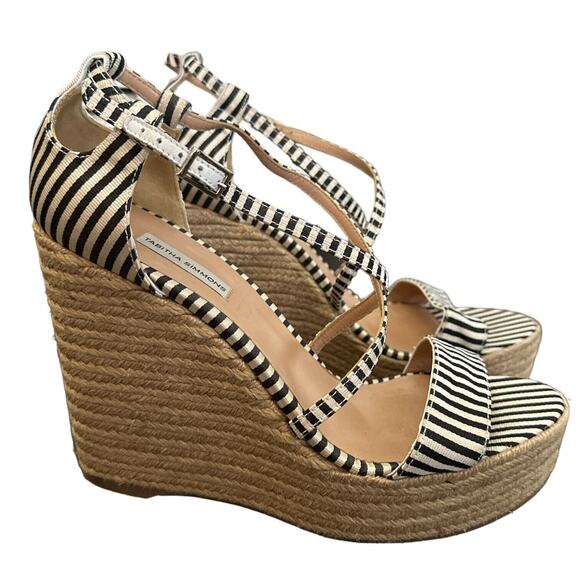 Tabitha Simmons Black and Beige Striped Espadrille Wedge Sandals Size 40 US 9 - Picture 1 of 11